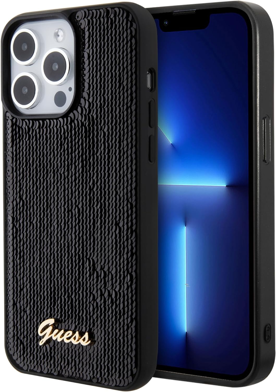 Guess iPhone 15 Pro Max - Sequin Script Metal Σκληρή Θήκη με Επένδυση από Παγέτες - Black - GUHCP15XPSFDGSK