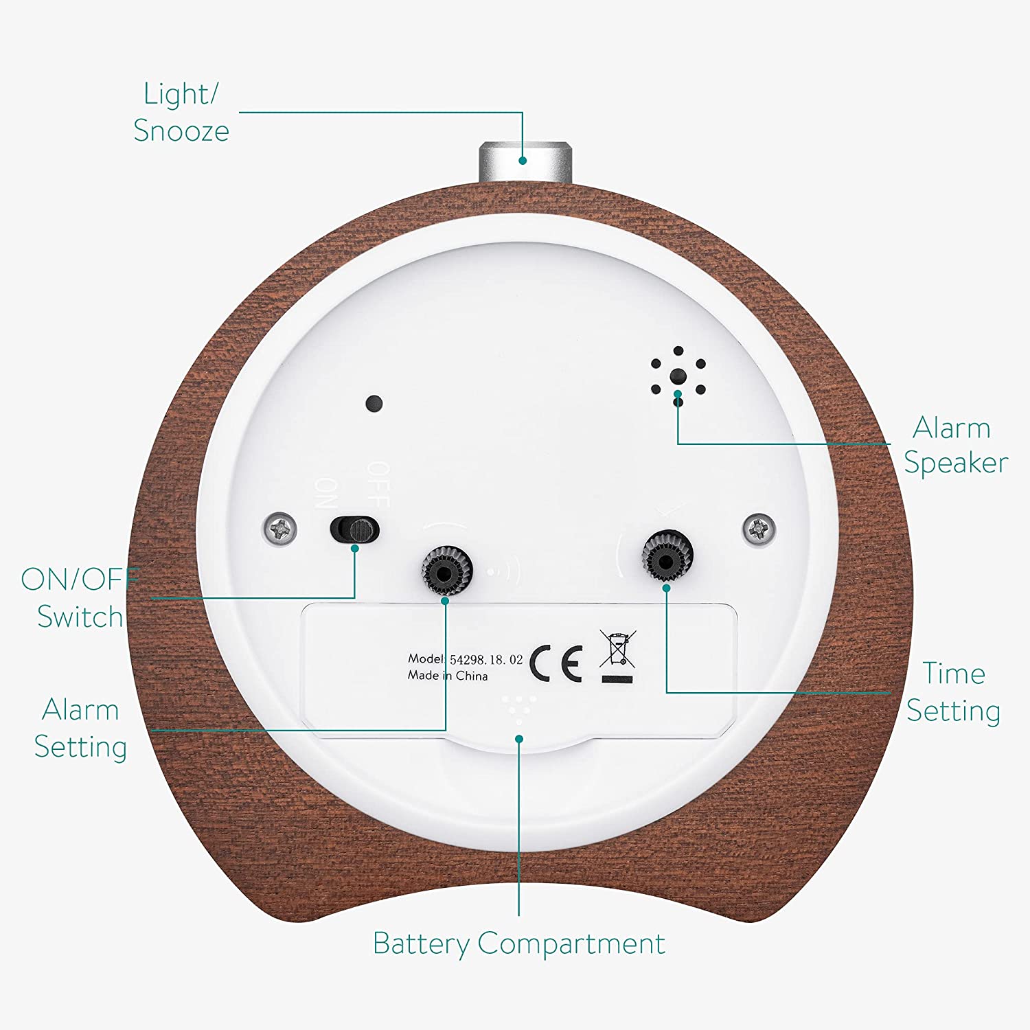 Navaris Αναλογικό Επιτραπέζιο Ρολόι και Ξυπνητήρι - Design Retro Horseshoe - Dark Brown - 54298.18.02