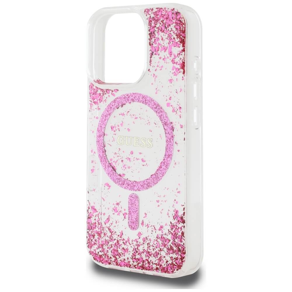 Guess iPhone 16 Pro Max - HC Resin Bottom Glitter - MagSafe Σκληρή Θήκη με Πλαίσιο Σιλικόνης - Pink - GUHMP16XRGRGEP