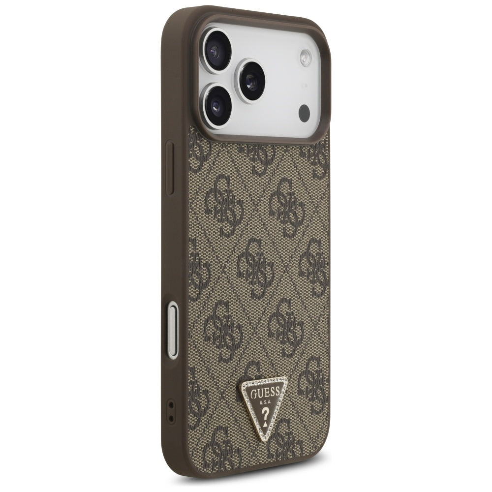 Guess iPhone 17 Pro Max - 4G Triangle Strass MagSafe - Σκληρή Θήκη με Επένδυση Συνθετικού Δέρματος - Brown - GUHMP17XP4TDPLW