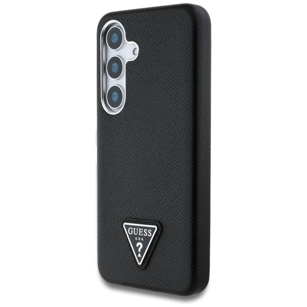 Guess Samsung Galaxy S25 - Grained Triangle Logo - MagSafe Σκληρή Θήκη με Πλαίσιο Σιλικόνης και Συνθετικό Δέρμα - Black - GUHMS25SPGTSPSK