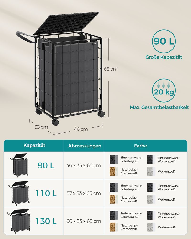 Songmics Τροχήλατο Αναδιπλούμενο Καλάθι Απλύτων με Καπάκι - 90L - Ink Black / Slate Grey - LCB290B11