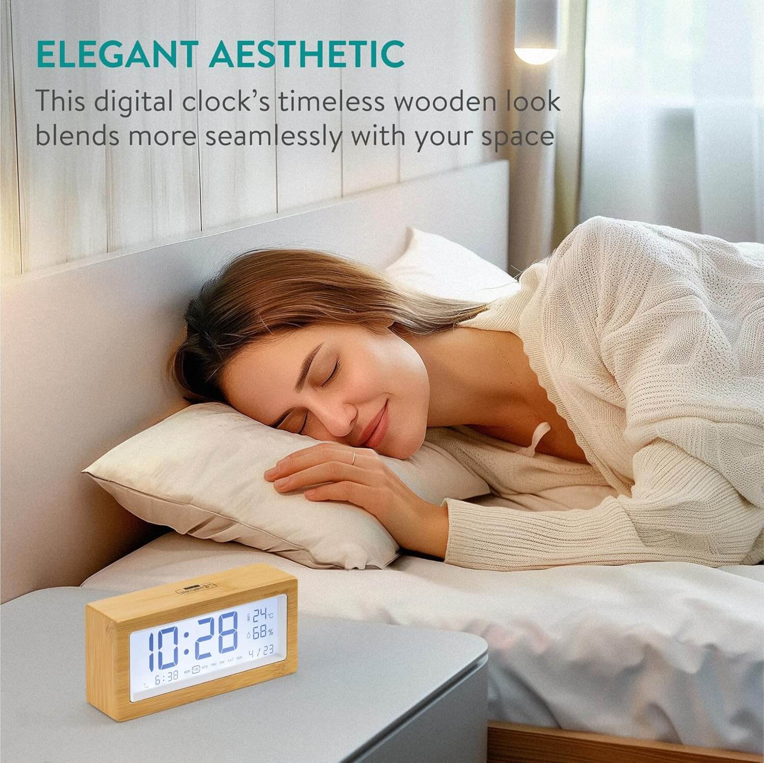 Navaris Ψηφιακό Επιτραπέζιο Ρολόι και Ξυπνητήρι από Μπαμπού με Ένδειξη Θερμοκρασίας και Ημερομηνίας - White / Light Brown - 60679.01