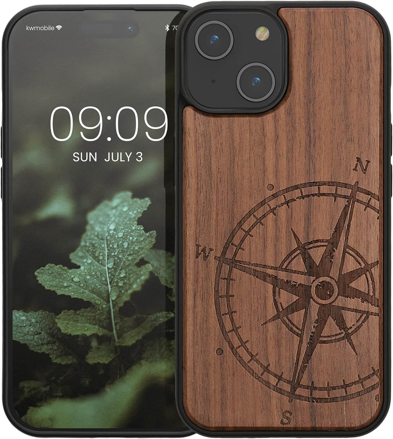 KW iPhone 15 Θήκη από Φυσικό Ξύλο - Design Vintage Compass - Dark Brown - 62011.01