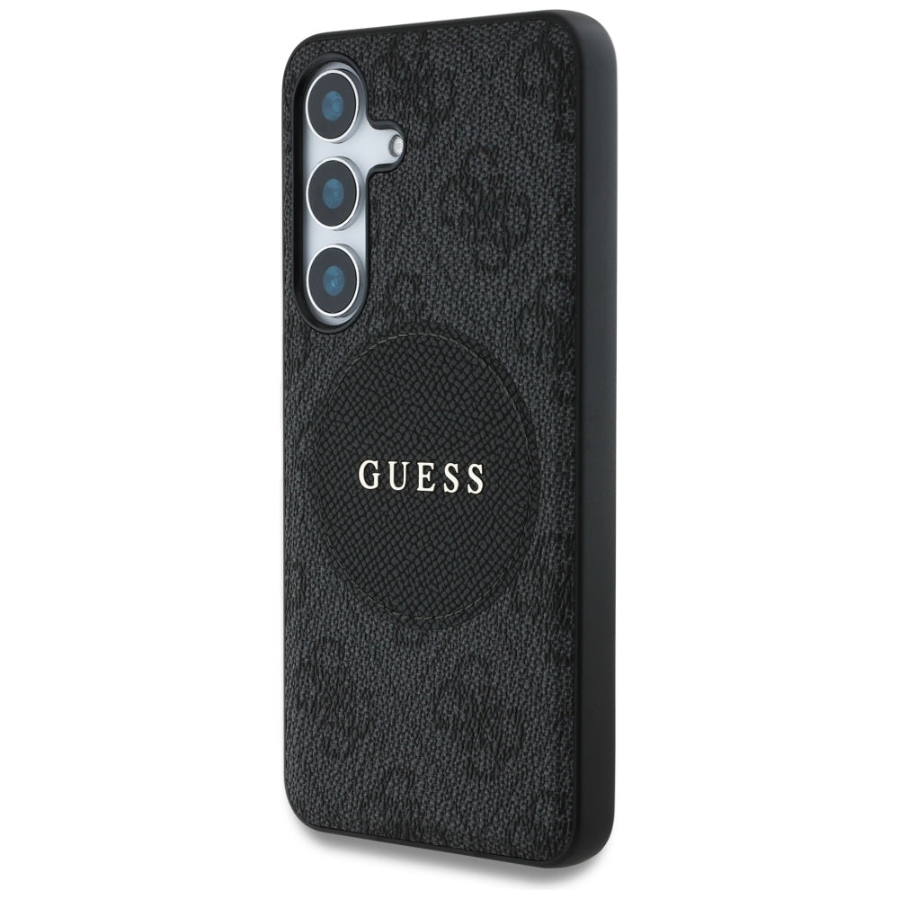 Guess Samsung Galaxy S25 - 4G Round Patch Classic Logo - Θήκη με Επένδυση Συνθετικού Δέρματος και MagSafe - Black - GUHMS25SP4PGRSGK