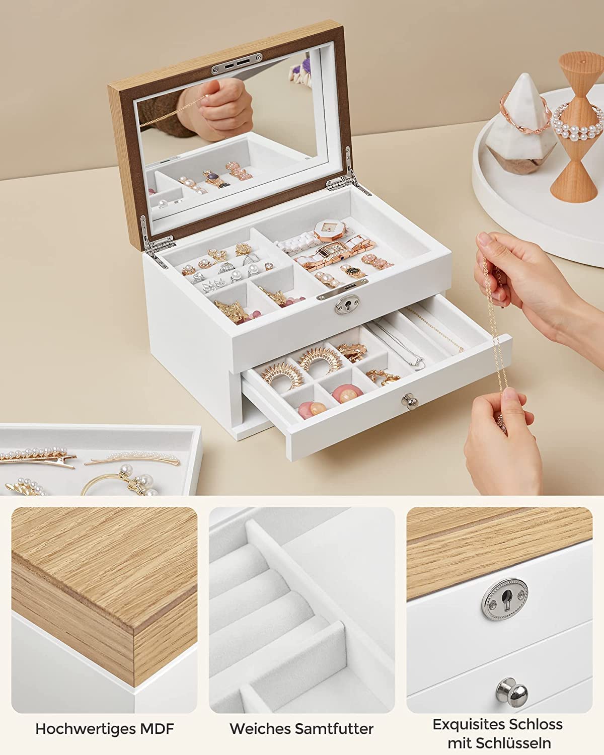 Songmics Ξύλινο Κουτί Αποθήκευσης Κοσμημάτων με 3 Επίπεδα - 24,5 x 17 x 14,5 cm - White / Natural - JOW15WNV1