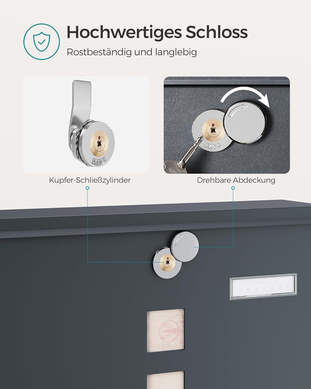 Songmics Επιτοίχιο Μεταλλικό Γραμματοκιβώτιο με Κλειδαριά - Anthracite Grey - GMB20AG