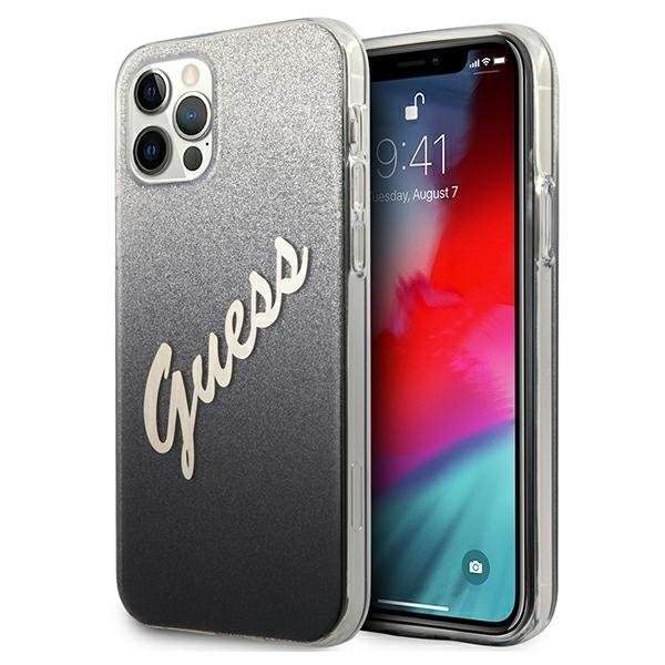 Guess iPhone 12 / iPhone 12 Pro - Glitter Gradient Script Σκληρή Θήκη με Πλαίσιο Σιλικόνης - Black - GUHCP12MPCUGLSBK
