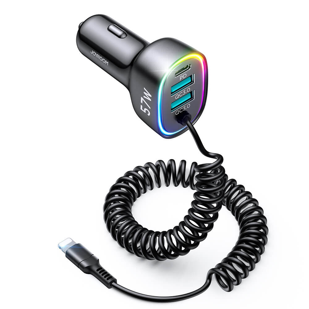 Joyroom JR-CL20 4in1 Fast Car Charger 57W Φορτιστής Αυτοκινήτου με 2 Θύρες USB, 1 Θύρα Type-C και Καλώδιο Lightning 1.6m - Black