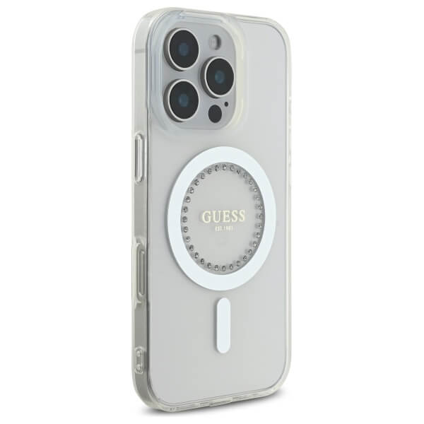 Guess iPhone 16 Pro Max - IML Rhinestones - MagSafe Σκληρή Θήκη με Πλαίσιο Σιλικόνης - White - GUHMP16XPFTDTEH