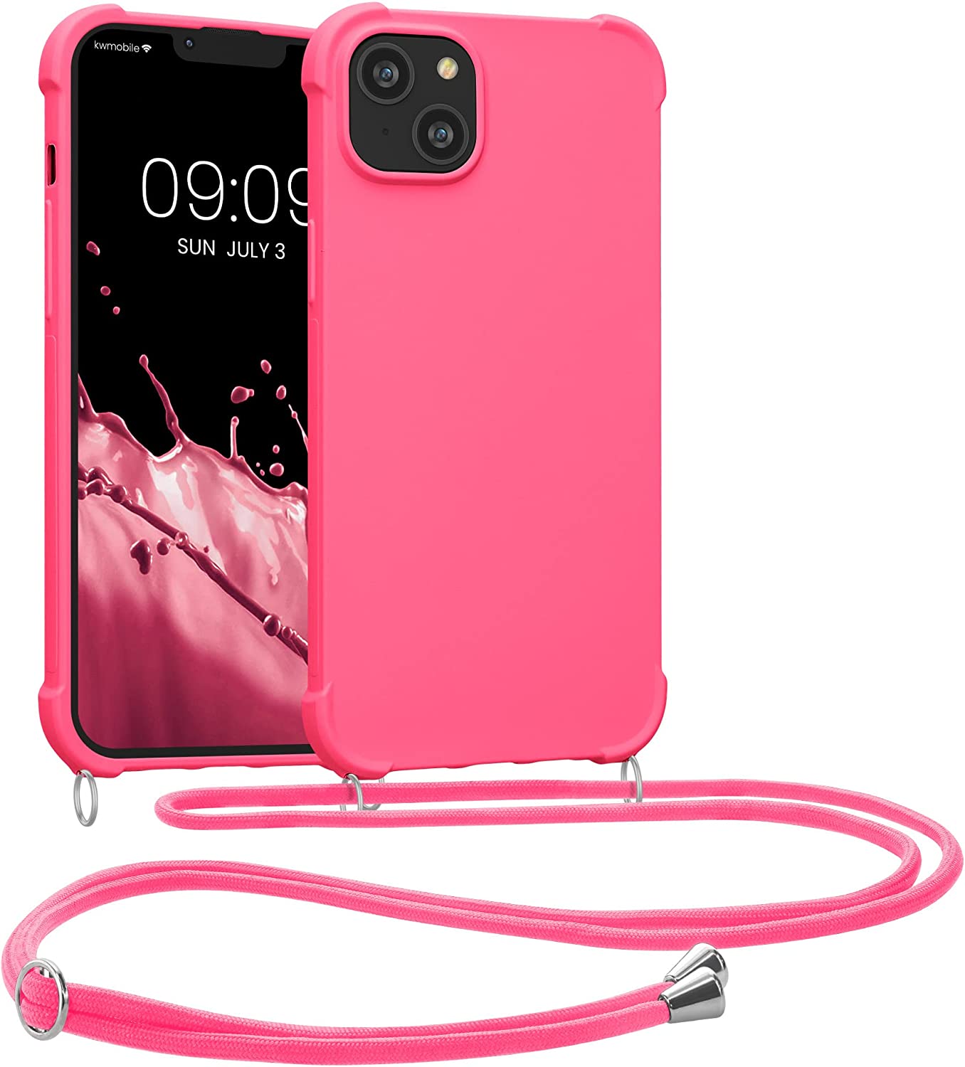 KW iPhone 14 Plus Θήκη Σιλικόνης TPU με Λουράκι - Neon Pink - 59117.77