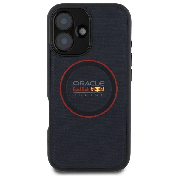 Red Bull iPhone 16 Plus - Leather Red Ring - MagSafe Σκληρή Θήκη με Επένδυση Συνθετικού Δέρματος και Πλαίσιο Σιλικόνης - Navy - RBHMP16M24PUILVR