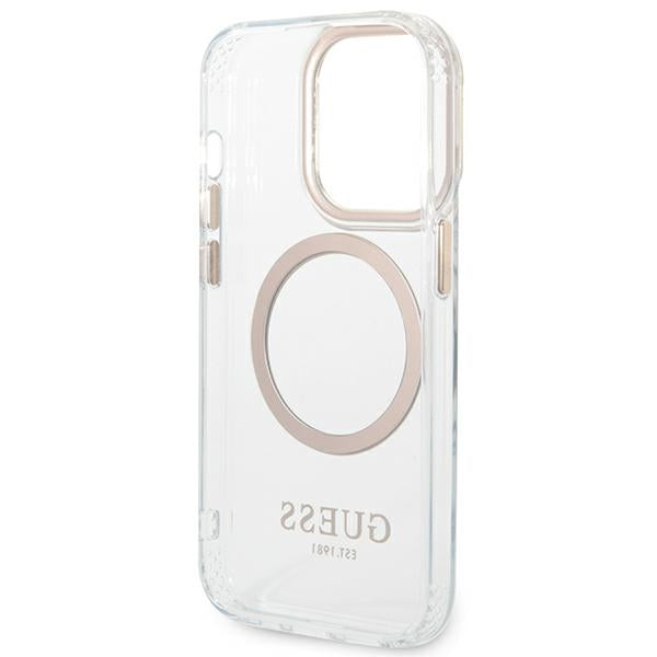 Guess iPhone 14 Pro Max Metal Outline MagSafe Σκληρή Θήκη με Πλαίσιο Σιλικόνης και MagSafe - Gold / Clear - GUHMP14XHTRMD