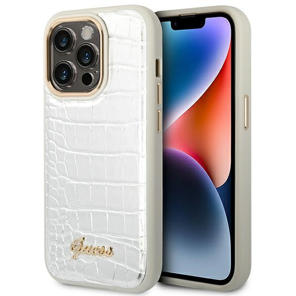 Guess iPhone 14 Pro Max Croco Collection Θήκη με Επένδυση Συνθετικού Δέρματος - Silver - GUHCP14XHGCRHS