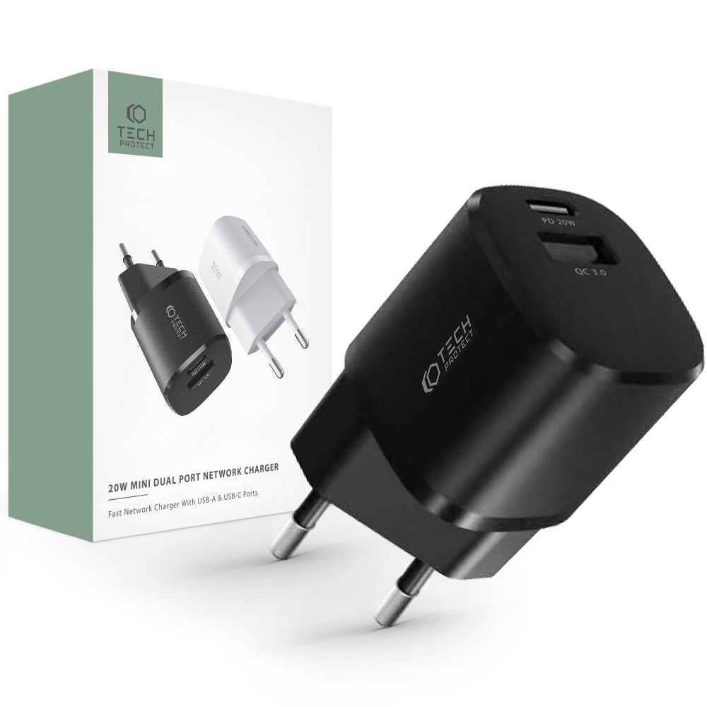 Tech-Protect C20W Mini QC3.0 Οικιακός Φορτιστής Γρήγορης Φόρτισης με 1 Θύρα USB και 1 Θύρα Type C - Black