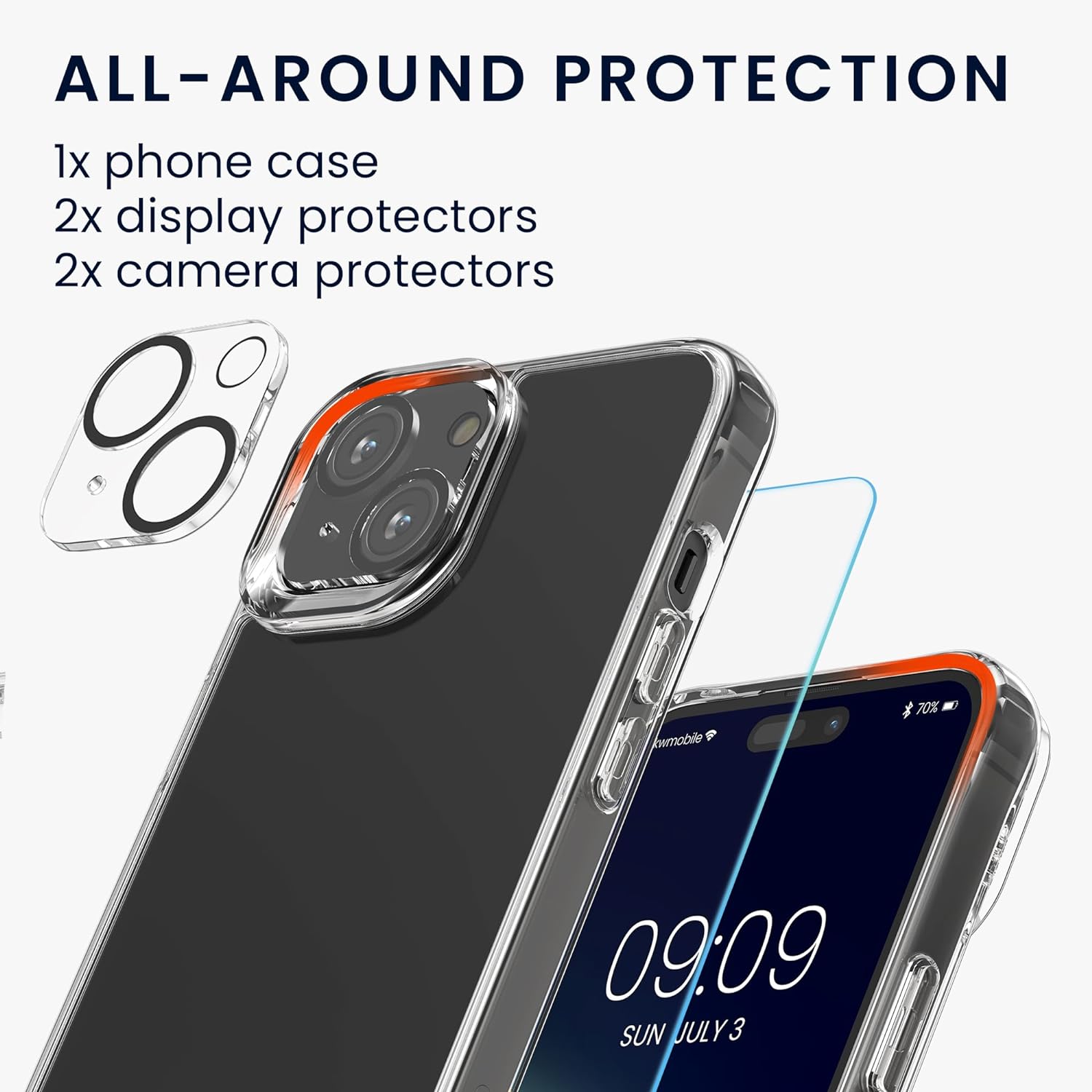 KW iPhone 15 Σετ με 1 Θήκη, 2 Αντιχαρακτικά Γυαλιά Οθόνης και 2 Αντιχαρακτικά Γυαλιά για την Κάμερα - Διάφανα - 62025.03