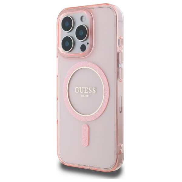 Guess iPhone 16 Pro Max - IML Glitter Circle - MagSafe Σκληρή Θήκη με Πλαίσιο Σιλικόνης - Pink - GUHMP16XHFGEREP