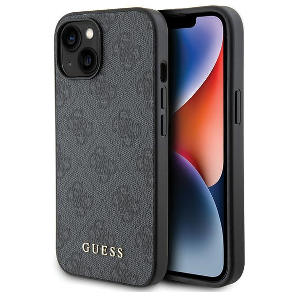 Guess iPhone 15 - 4G Metal Gold Logo Σκληρή Θήκη με Επένδυση Συνθετικού Δέρματος - Grey - GUHCP15SG4GFGR