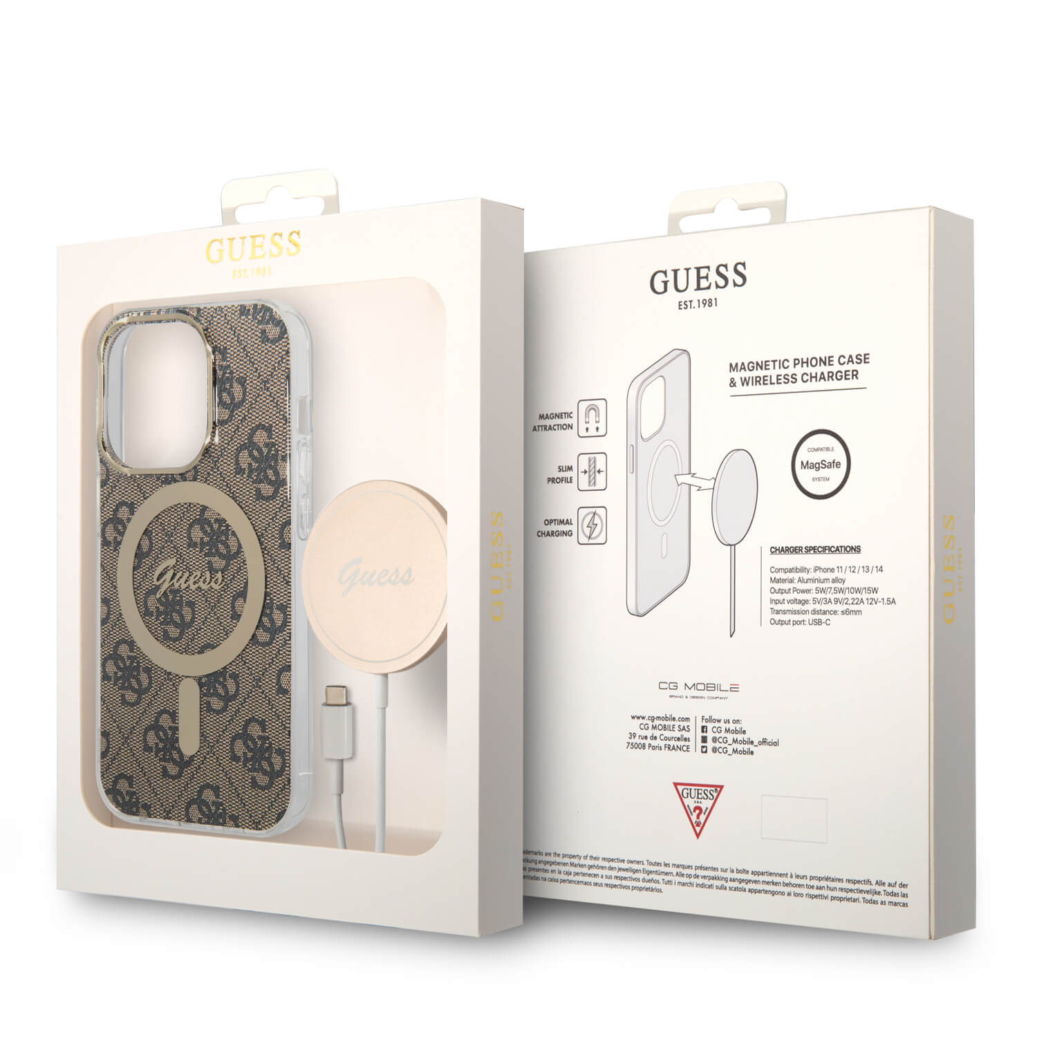 Guess iPhone 14 Pro - Bundle Pack MagSafe - Σετ Σκληρή Θήκη με Πλαίσιο Σιλικόνης και Ασύρματος Φορτιστής MagSafe - Design 4G and Gold - Brown - GUBPP14LH4EACSW