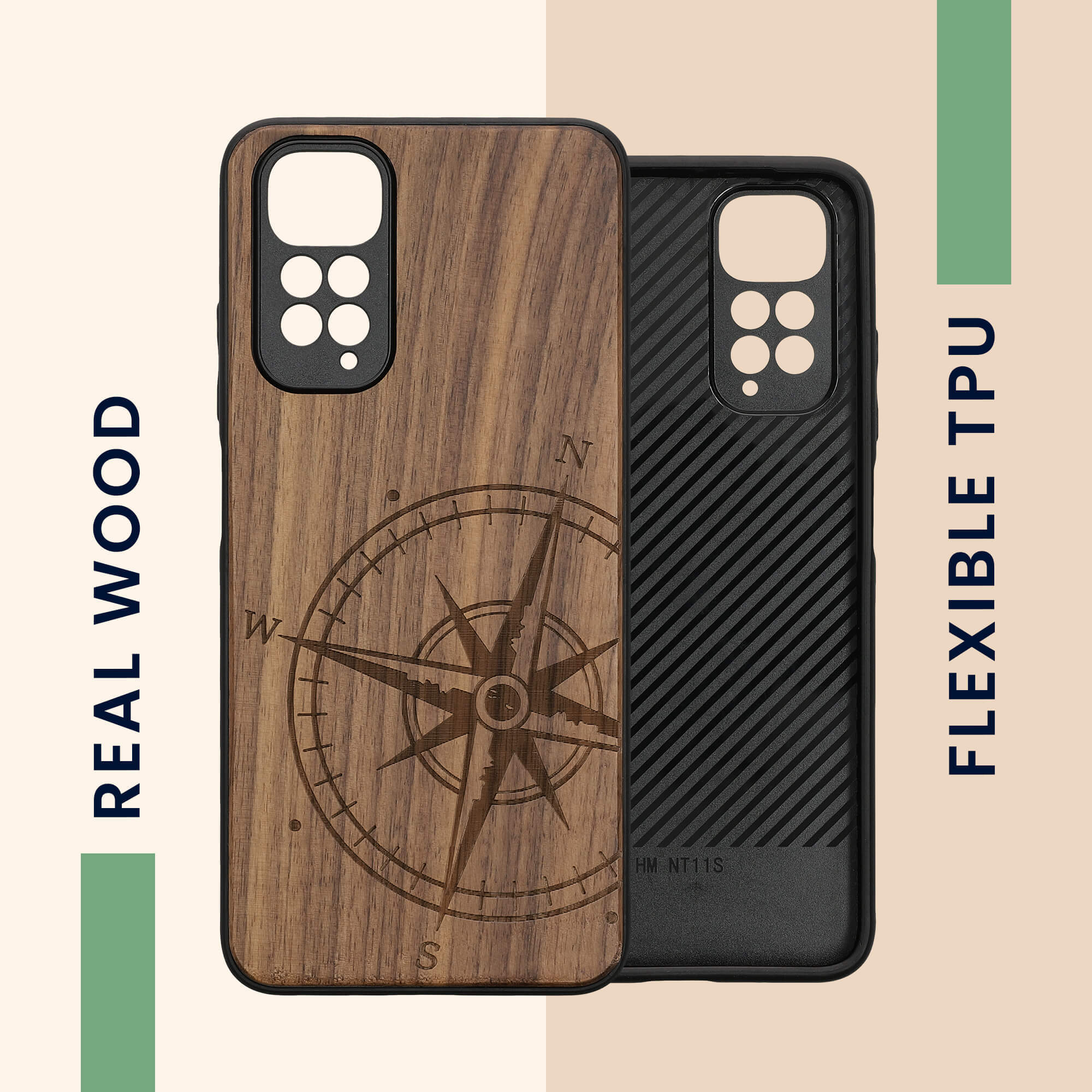 KW Xiaomi Redmi Note 11 / Redmi Note 11S Θήκη από Φυσικό Ξύλο - Design Vintage Compass - Dark Brown - 57386.01