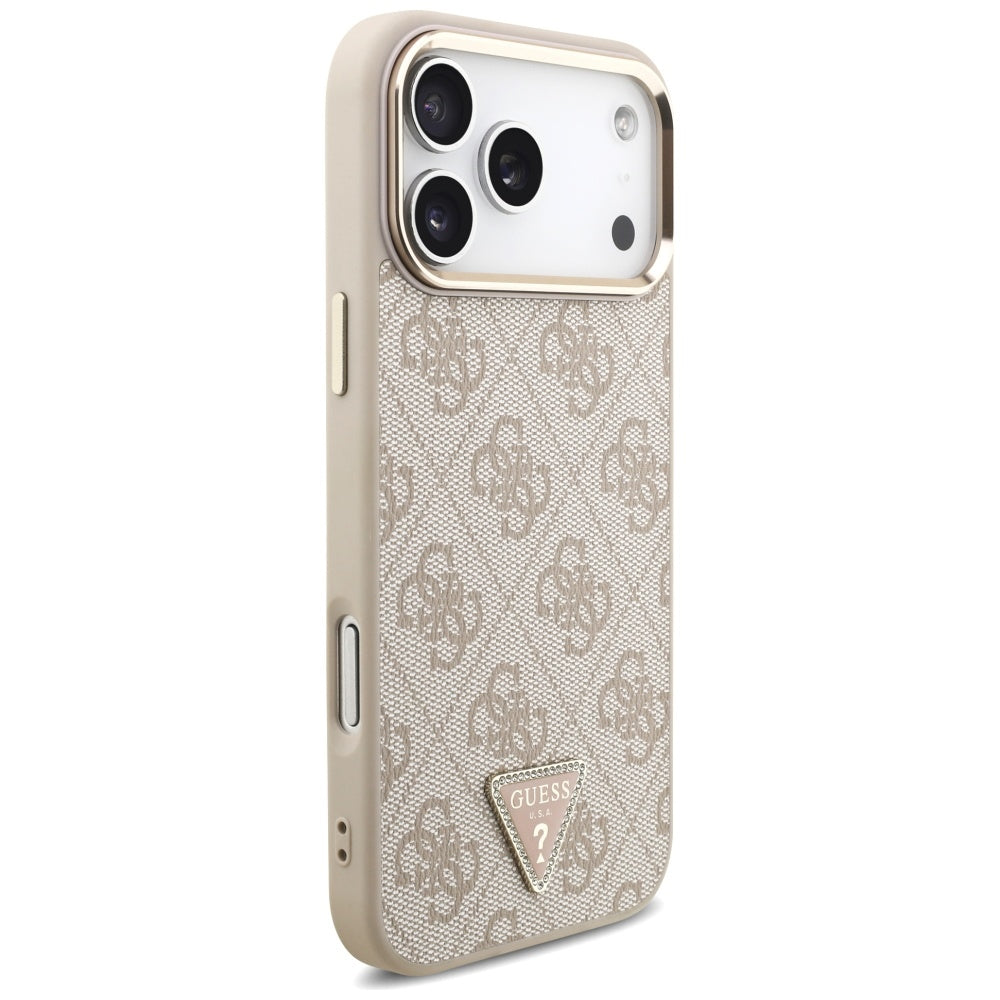 Guess iPhone 17 Pro Max - 4G Triangle Strass Logo MagSafe - Σκληρή Θήκη με Επένδυση Συνθετικού Δέρματος - Pink / Gold - GUHMP17XP4GTDGMP