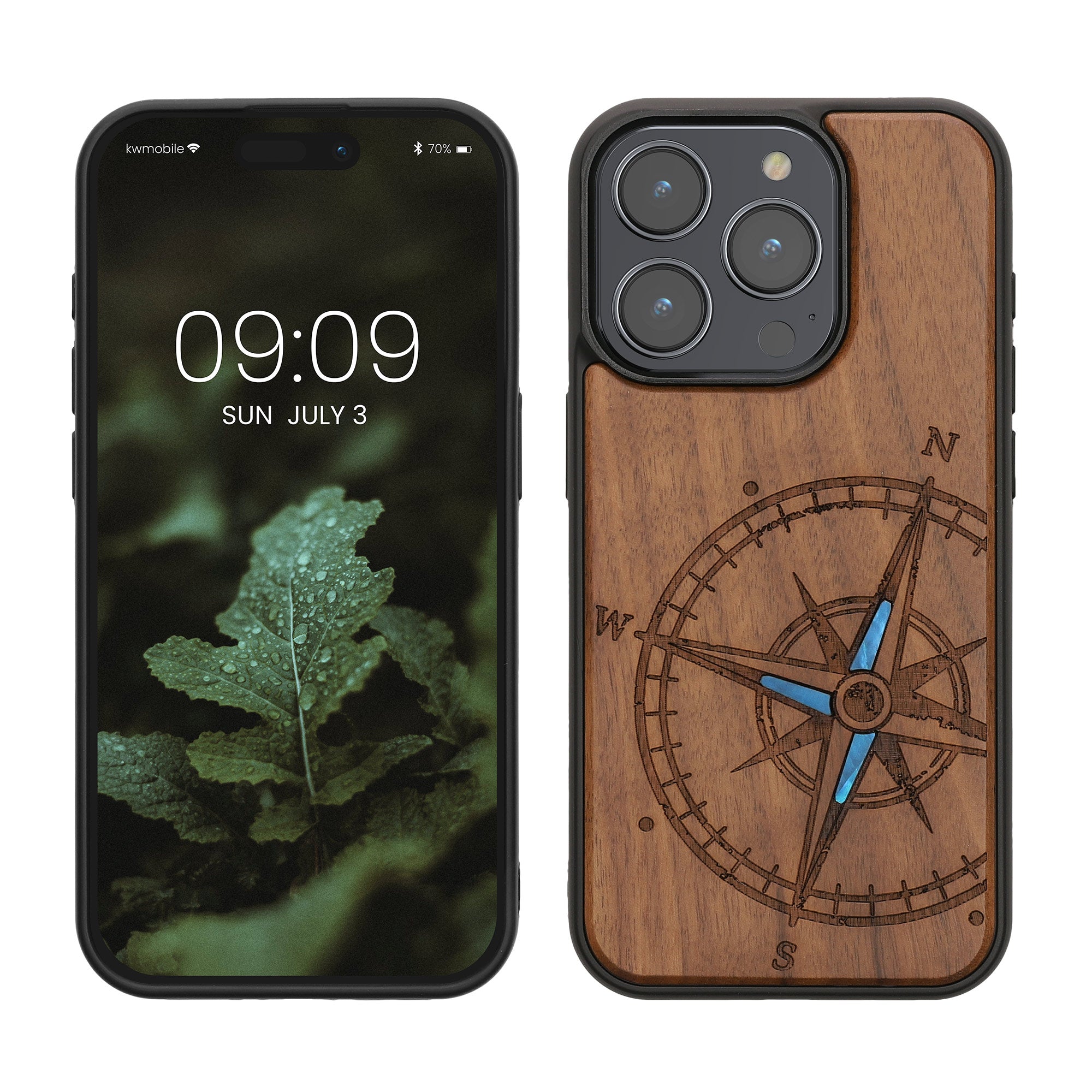 KW iPhone 15 Pro Θήκη από Φυσικό Ξύλο - Design Navigational Compass Mother of Pearl - Dark Brown