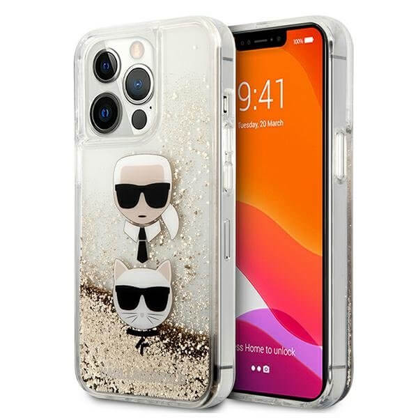 Karl Lagerfeld iPhone 13 Pro Max - Liquid Glitter Karl and Choupette Σκληρή Θήκη με Πλαίσιο Σιλικόνης - Gold - KLHCP13XKICGLD