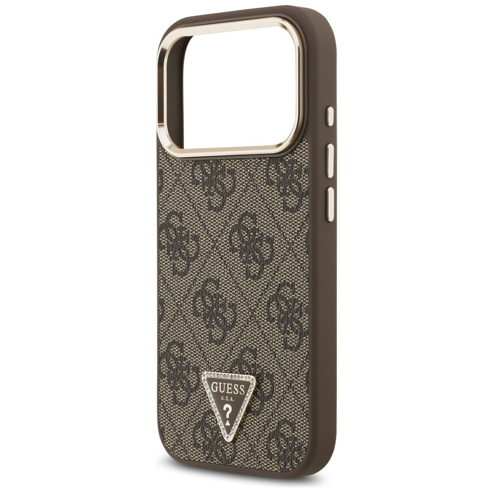 Guess iPhone 17 Pro - 4G Triangle Strass Logo MagSafe - Σκληρή Θήκη με Επένδυση Συνθετικού Δέρματος - Brown / Gold - GUHMP17LP4GTDGMW