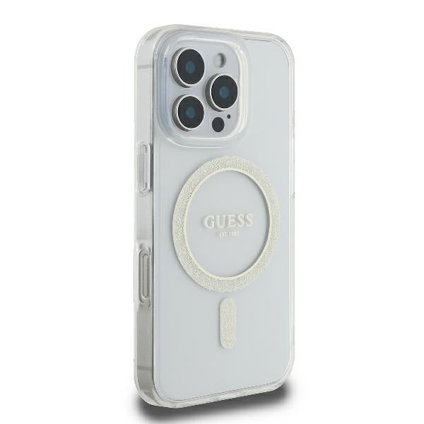 Guess iPhone 16 Pro - IML Glitter Circle - MagSafe Σκληρή Θήκη με Πλαίσιο Σιλικόνης - Clear - GUHMP16LHFGERET