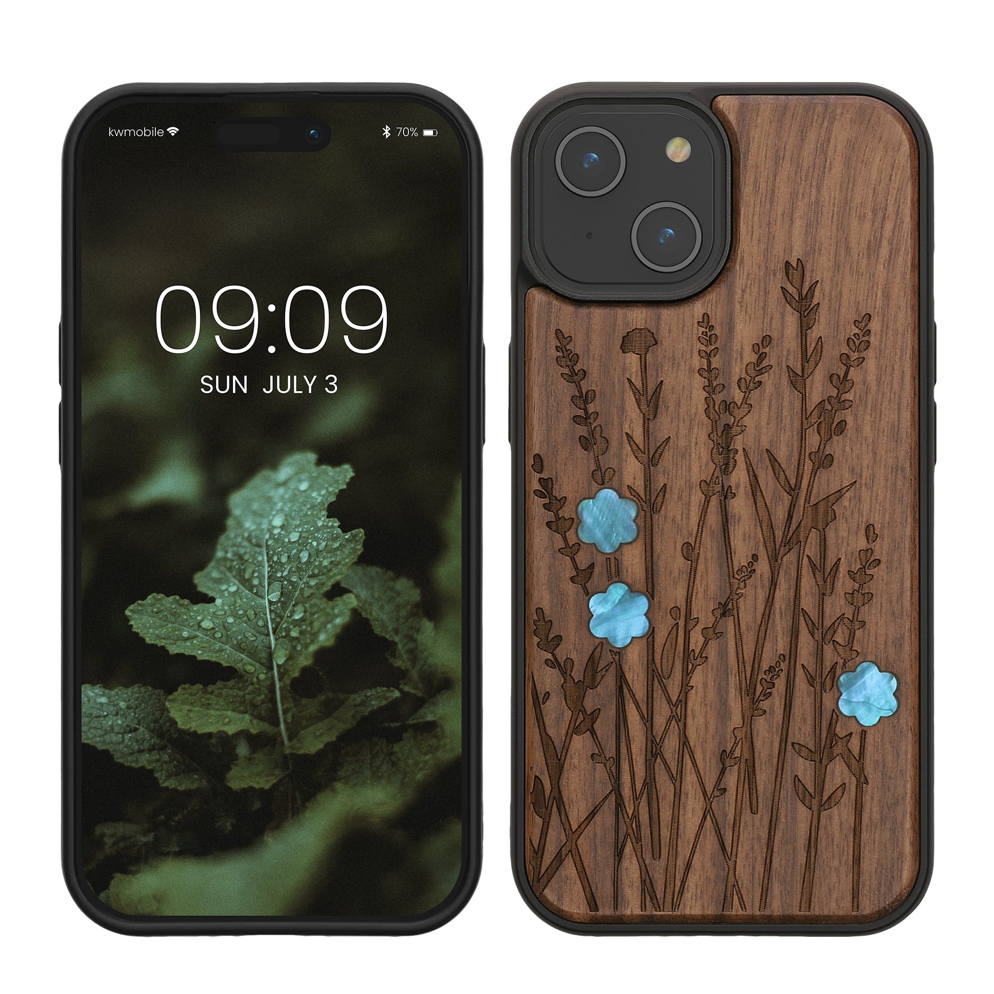 KW iPhone 15 Θήκη από Φυσικό Ξύλο - Design Wild Flowers Pearl - Dark Brown