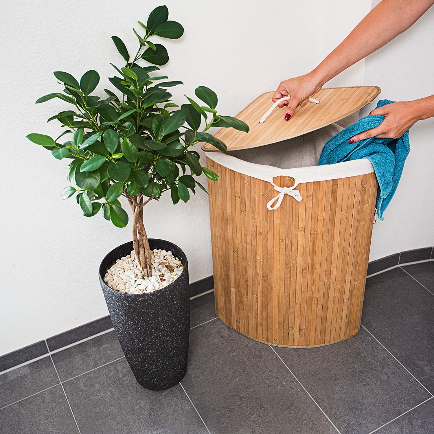 Relaxdays Καλάθι Απλύτων από Μπαμπού με Καπάκι - Natural / White - 4052025046798 - likebrands.gr