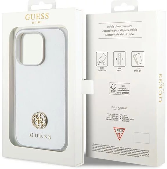Guess iPhone 15 Pro Max 4G Strass Metal Logo Θήκη με Επένδυση Συνθετικού Δέρματος - Silver - GUHCP15XPS4DGPS