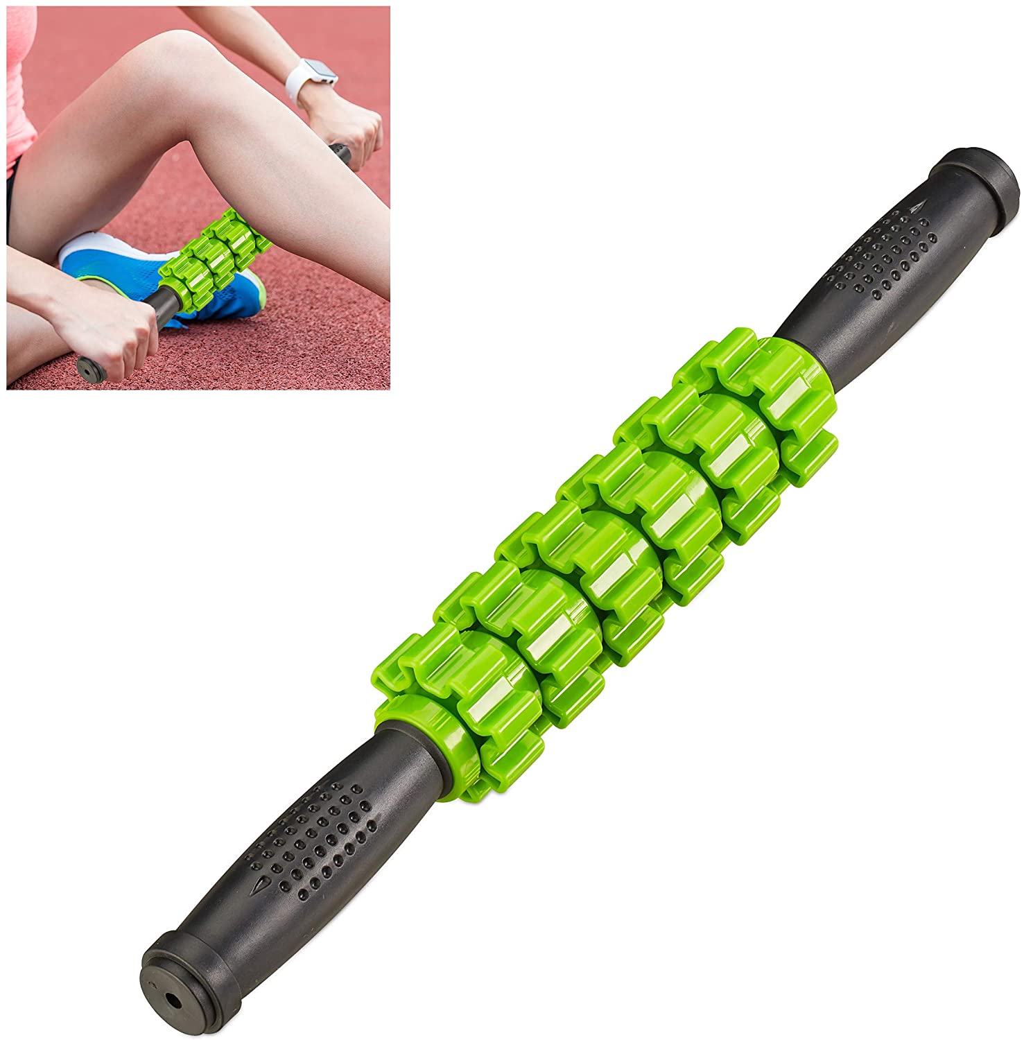 Relaxdays Massage Roller Κύλινδρος για Μασάζ Fascia με Λαβή - Black / Green - 4052025278823