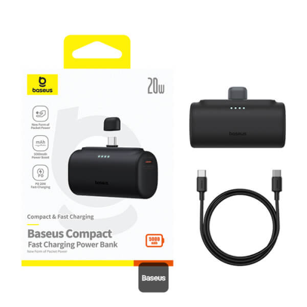 Baseus Compact Series Type-C - PowerBank 5000mAh 20W με Καλώδιο Type-C to Type-C - Black - P10068306113-00