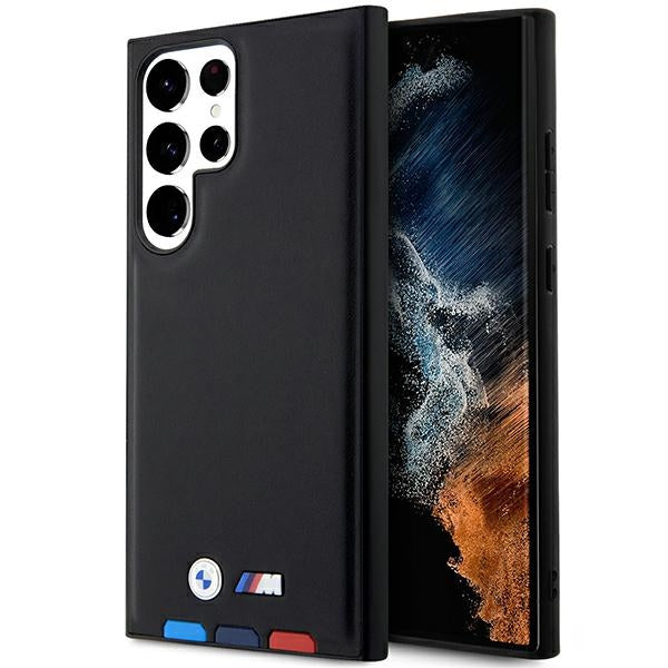 BMW Samsung Galaxy S23 Ultra Leather Stamp Tricolor Σκληρή Θήκη με Πλαίσιο Σιλικόνης - Black