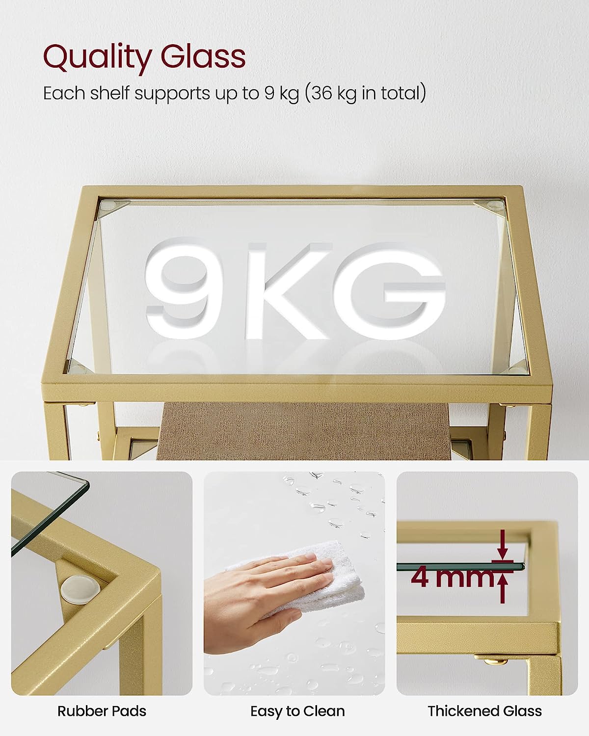 Vasagle Ραφιέρα από Γυαλί με 4 Ράφια - 40 x 30 x 95 cm - Gold - LGT28G