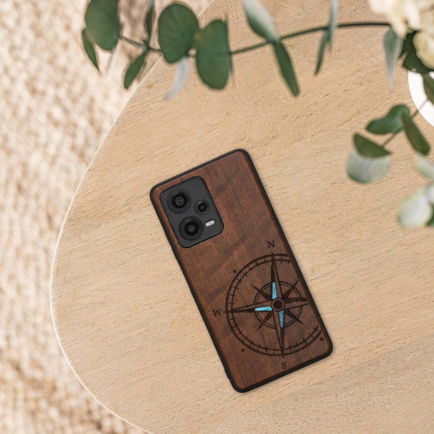 KW Xiaomi Redmi Note 12 Pro+ Θήκη από Φυσικό Ξύλο - Design Navigational Compass Mother of Pearl - Dark Brown