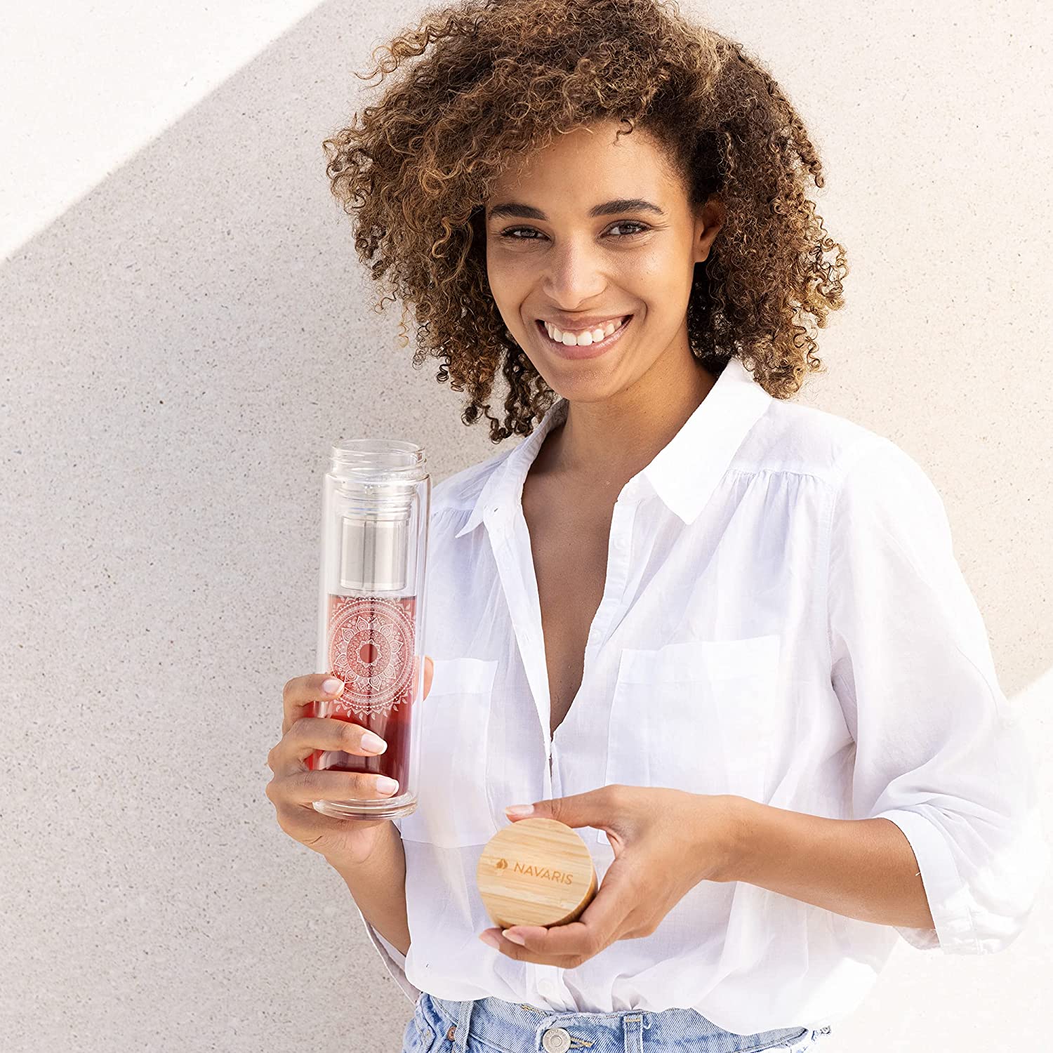 Navaris Γυάλινο Μπουκάλι Τσαγιού με Θήκη μεταφοράς - 500ml - Design Indian Sun - Clear - 45888.2.01