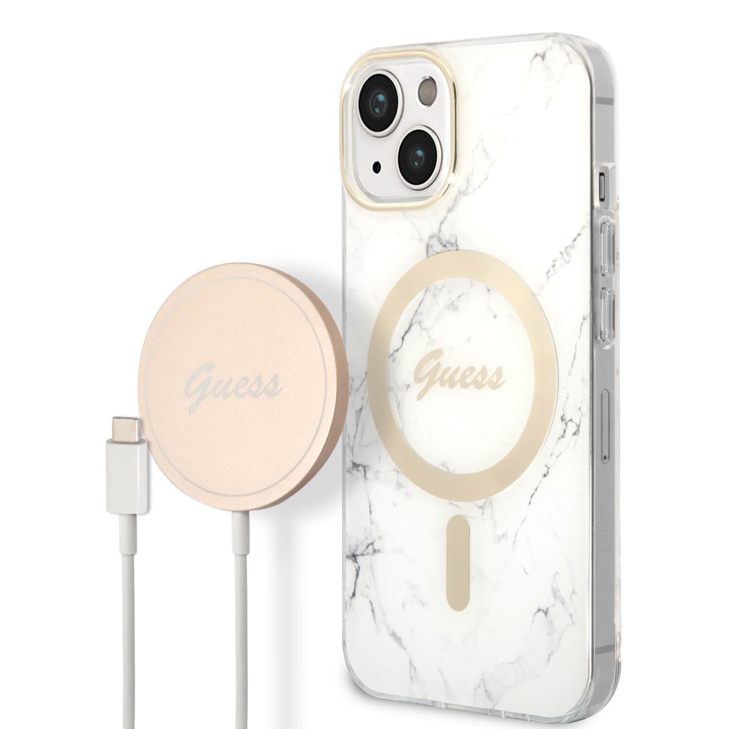 Guess iPhone 15 / 14 / 13 - Bundle Pack - Σετ Σκληρή Θήκη με Πλαίσιο Σιλικόνης και Ασύρματος Φορτιστής MagSafe - Design Marble MagSafe - White - GUBPP14SHMEACSH