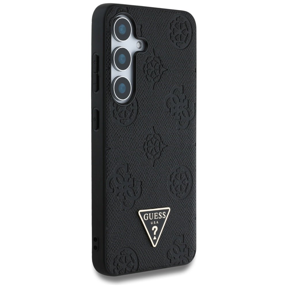 Guess Samsung Galaxy S25 - Grained Hot Stamp Peony Pattern Triangle Logo - MagSafe Σκληρή Θήκη με Πλαίσιο Σιλικόνης και Συνθετικό Δέρμα - Black - GUHMS25SPGBTMK