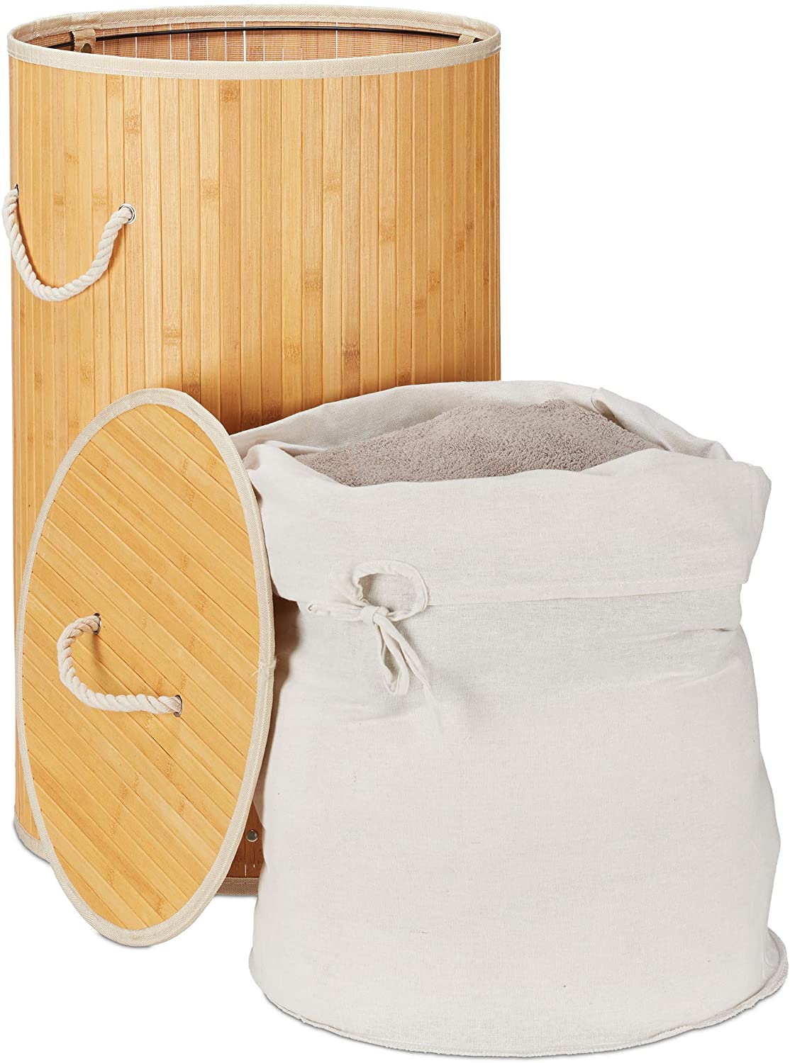 Relaxdays Πτυσσόμενο Στρόγγυλο Καλάθι Απλύτων από Μπαμπού με Καπάκι - Creme - 4052025918415