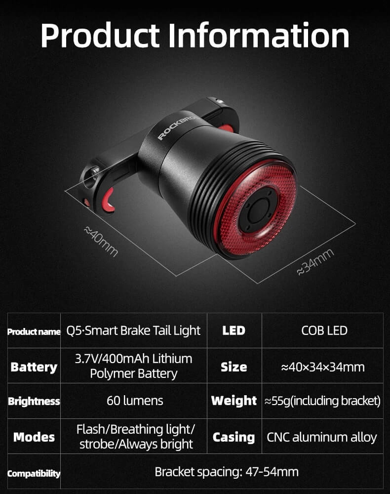 RockBros Q5 Επαναφορτιζόμενο Πίσω Κόκκινο Φως Ποδηλάτου με Αισθητήρα Φρένων - Black