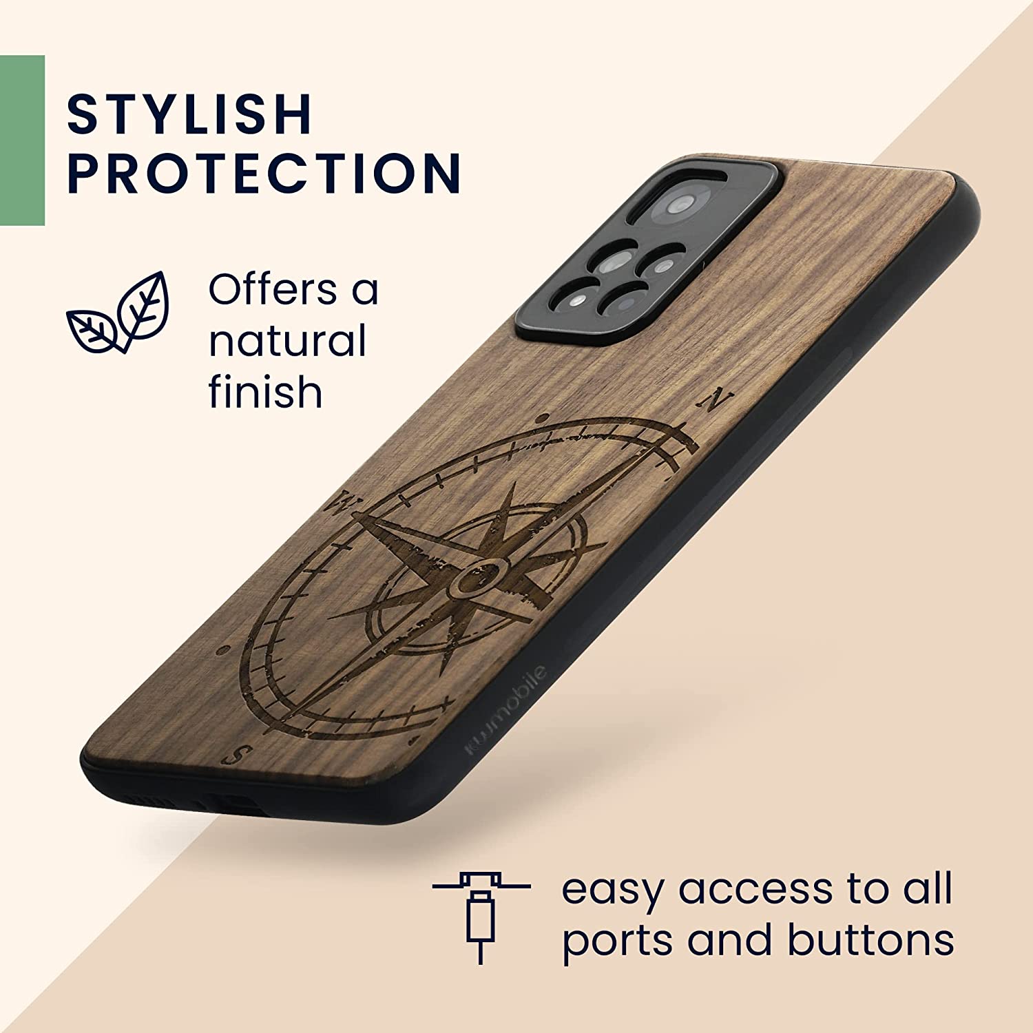 KW Xiaomi Redmi Note 11 Pro+ 5G Θήκη από Φυσικό Ξύλο - Design Navigational Compass - Dark Brown - 58100.01