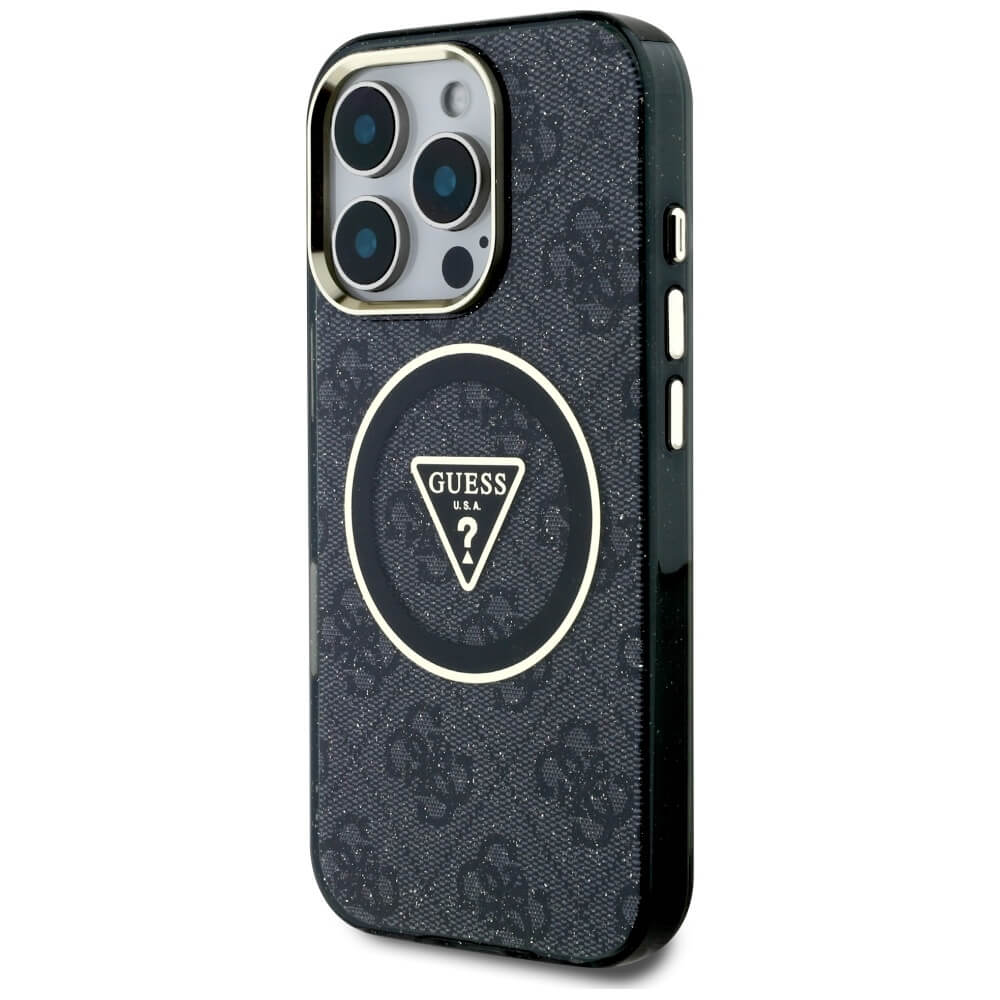 Guess iPhone 16 Pro Max - IML Metal Glitter 4G Circle Triangle MagSafe - Σκληρή Θήκη με Πλαίσιο Σιλικόνης και MagSafe - Black - GUHMP16XHG4PRTGK