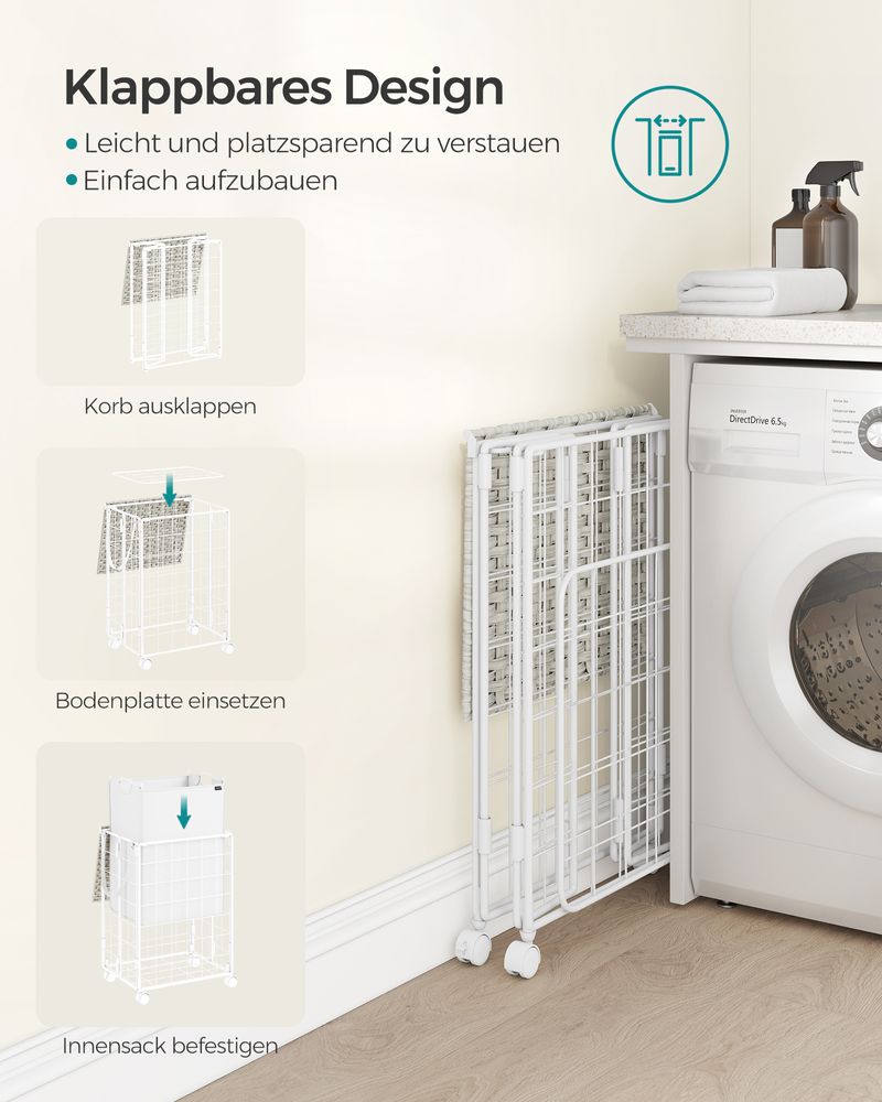 Songmics Τροχήλατο Αναδιπλούμενο Καλάθι Απλύτων με Καπάκι - 90L - Cloud White - LCB290W01