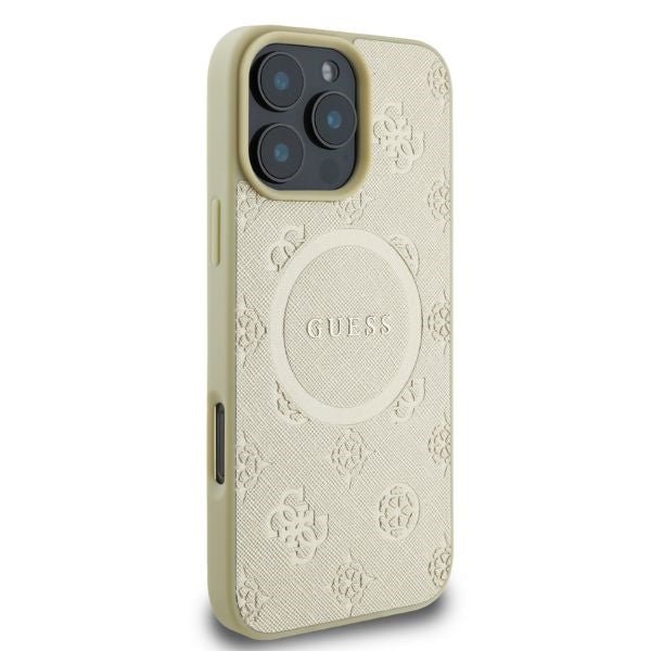 Guess iPhone 16 Pro - Saffiano Peony Classic Logo - MagSafe Σκληρή Θήκη με Πλαίσιο Σιλικόνης και Συνθετικό Δέρμα - Gold - GUHMP16LPSAPSMED