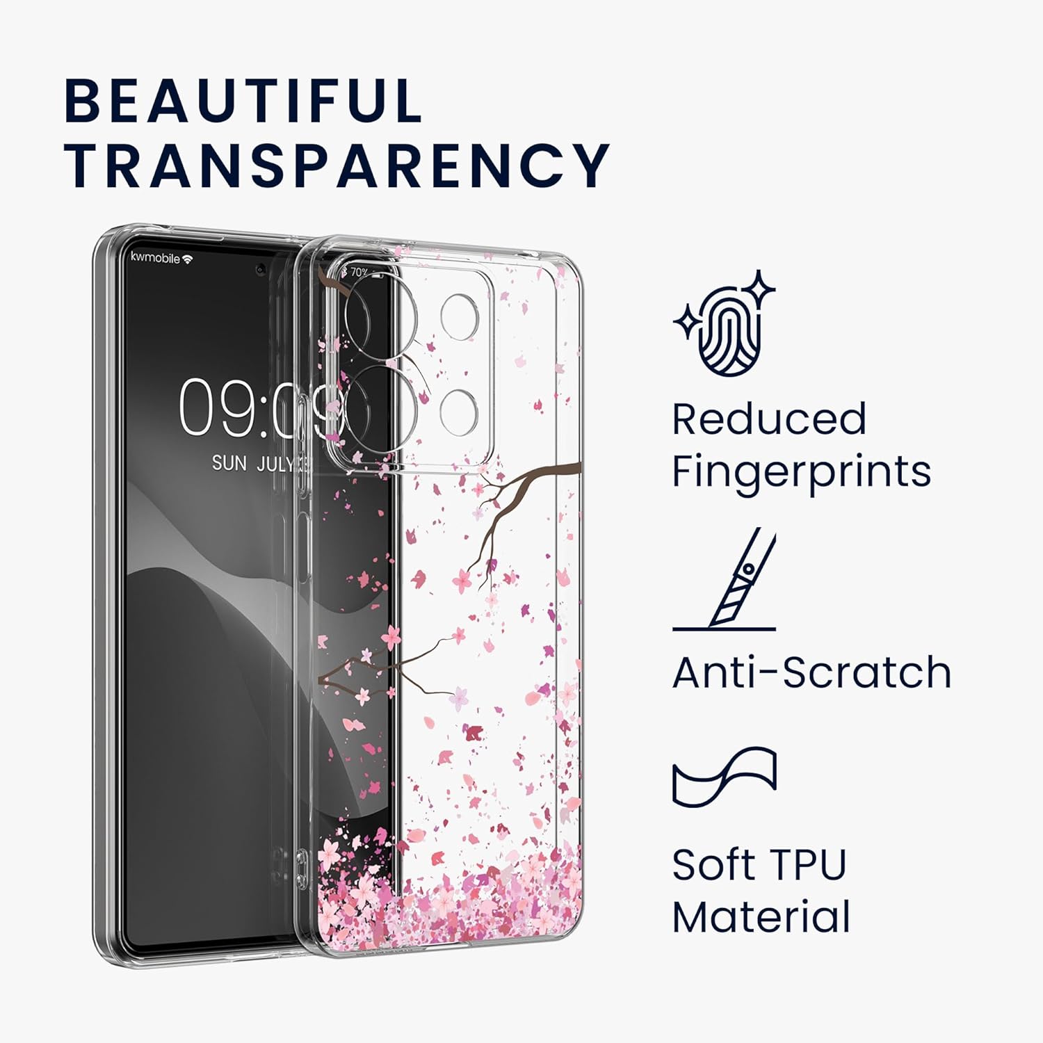 KW Xiaomi Redmi Note 13 5G Θήκη Σιλικόνης TPU με Αντιχαρακτικό Γυαλί - Design Cherry Blossoms Petals - Pink / Dark Brown / Διάφανη