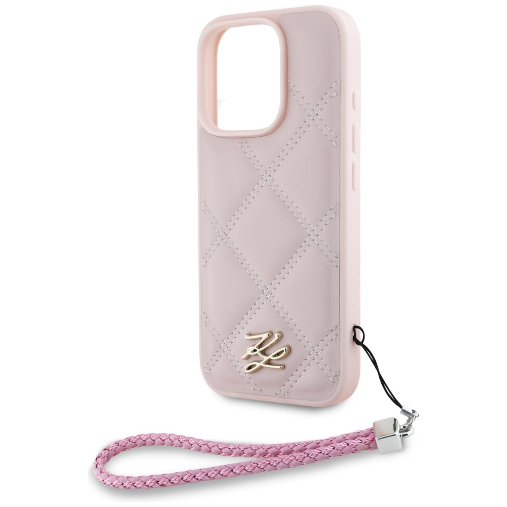 Karl Lagerfeld iPhone 16 Pro Max - Quilted Initial Logo and Chain Strap - Θήκη με Επένδυση Συνθετικού Δέρματος και Λουράκι - Pink - KLHCP16XPSQSKLSMSP