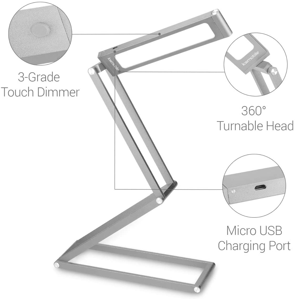 KW LED Folding Desk Lamp Επαναφορτιζόμενο Αναδιπλούμενο Μεταλλικό Φωτιστικό με καλώδιο Micro USB - Silver - 45535.35