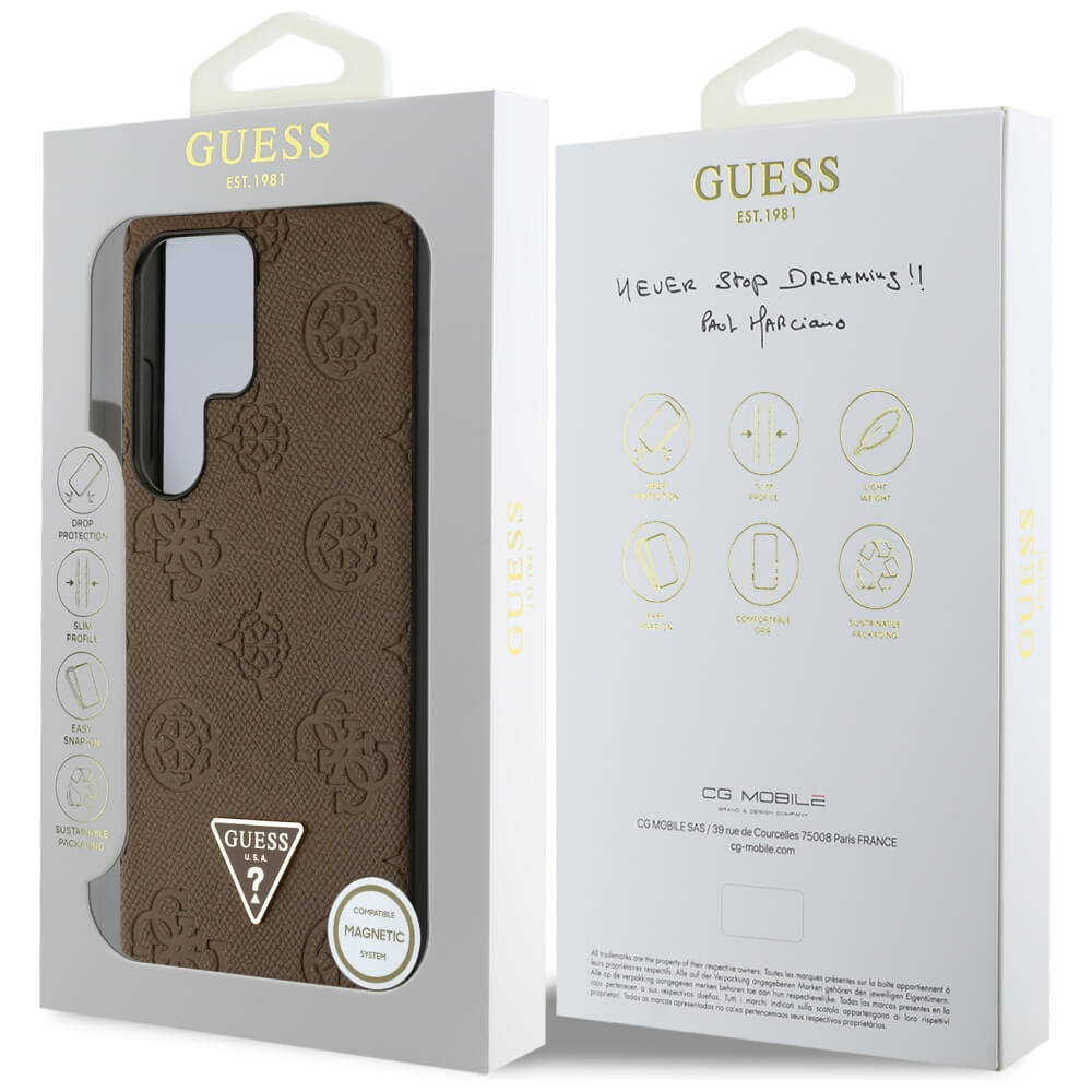 Guess Samsung Galaxy S25 Ultra - Grained Hot Stamp Peony Pattern Triangle Logo - MagSafe Σκληρή Θήκη με Πλαίσιο Σιλικόνης και Συνθετικό Δέρμα - Brown - GUHMS25LPGBTMW